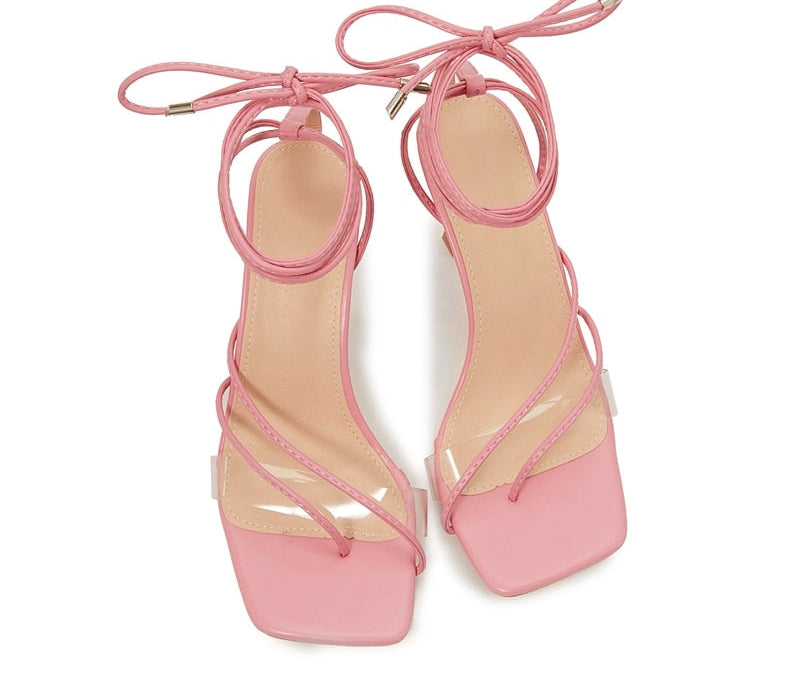 Lace-Up Strappy Square Toe Mid Heeled Sandals