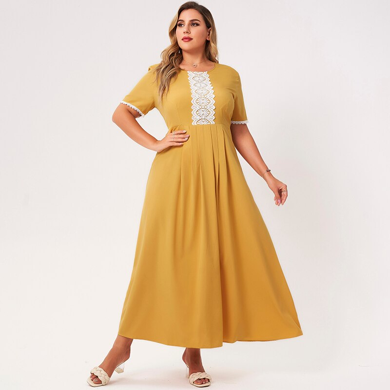 Summer New Arrivals Ladies Plus Size Large Round Neck Lace Elegant Short-sleeved Pleated Stitching Yellow A-line Long Dress