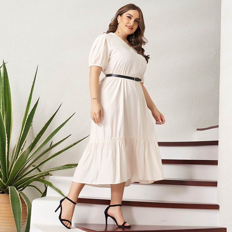 Summer New Fashion V-neck White Solid Color Pleated Wild Elegant Large Plus Size Women's Short-sleeved Long Dress (with Belt)