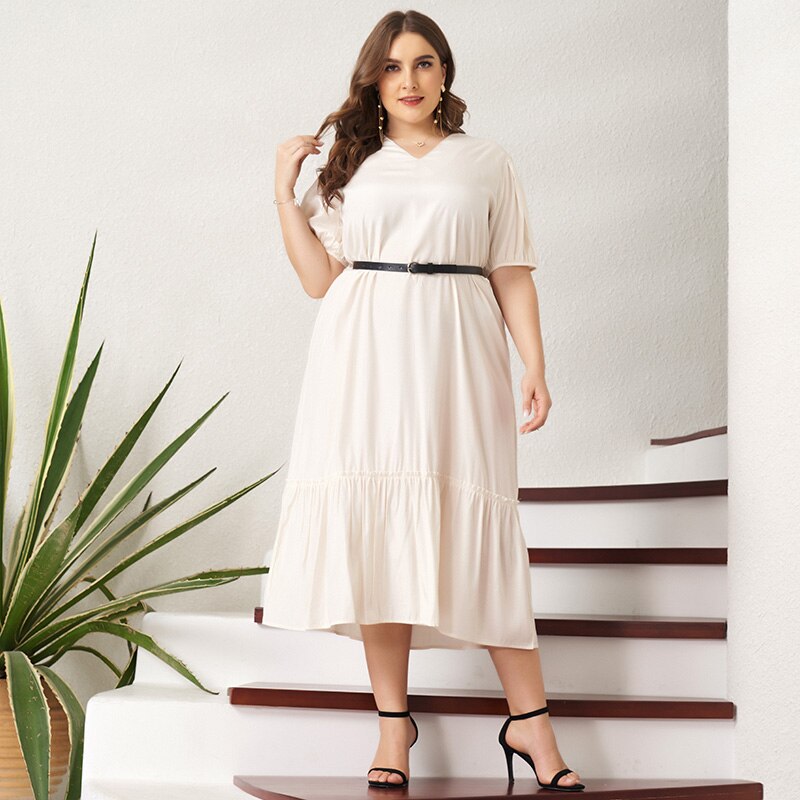 Summer New Fashion V-neck White Solid Color Pleated Wild Elegant Large Plus Size Women's Short-sleeved Long Dress (with Belt)