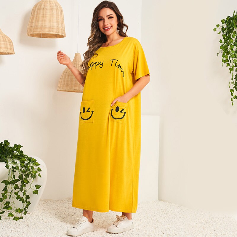 Summer New Women's Plus Size Casual Solid Color Letter Pattern Printing Simple Loose Long Short-sleeved Round Neck Home Dress