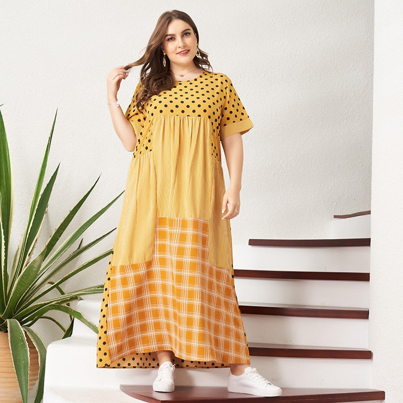 Women's Summer Plus Size Dress Yellow Loose Polka Dot Striped Plaid Patchwork Maxi Dress Casual O-neck Short Sleeve Dresses 4XL