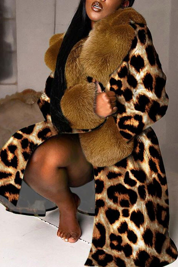 Casual Detachable Fur Collar Leopard Print Coat