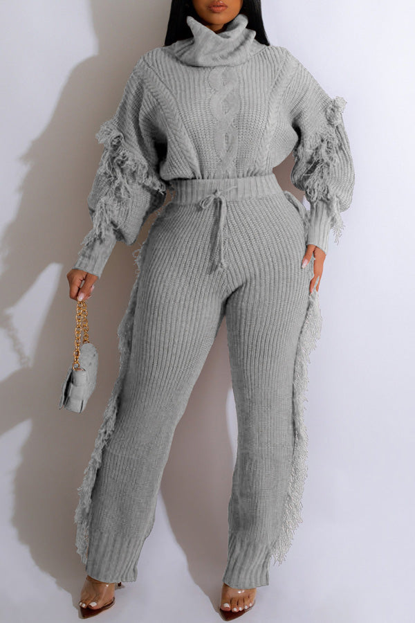 Casual Solid Knit Long Sleeve Turtleneck Fringe Two Piece
