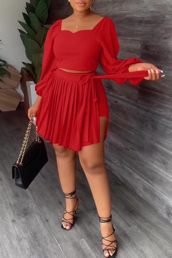 Puff Sleeve Slit Top Pleated Skirt Tie Two Piece Set