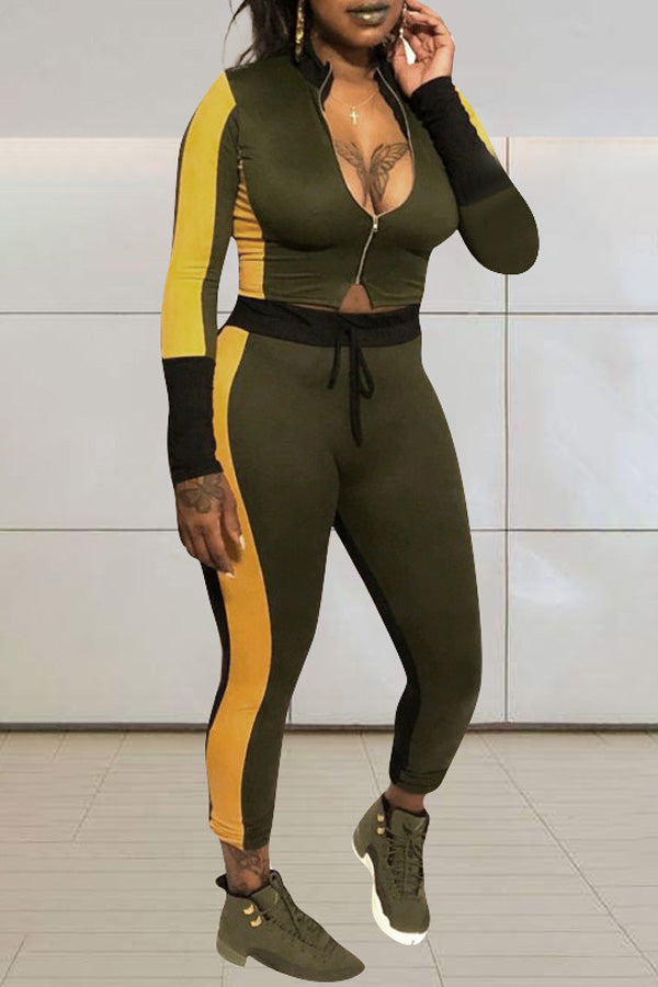 Leisure Sports Contrast Color Stitching Two-piece Set