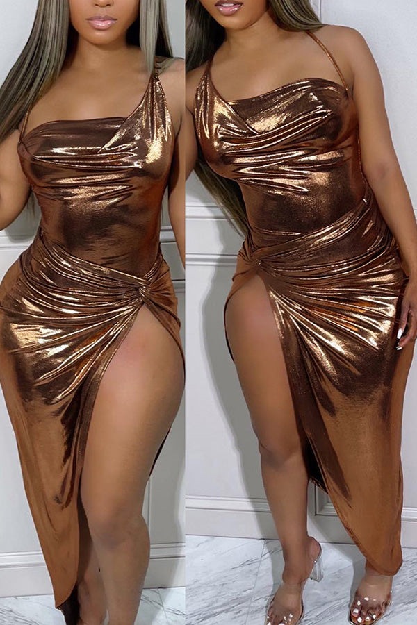 Golden Brown Sling Jumpsuit + Skirt Two-Piece Suit