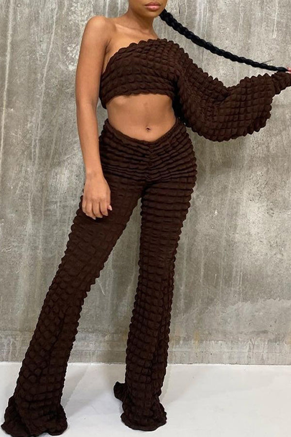 One-shoulder Long-sleeve Cropped Top Loose Trousers Two-piece Set