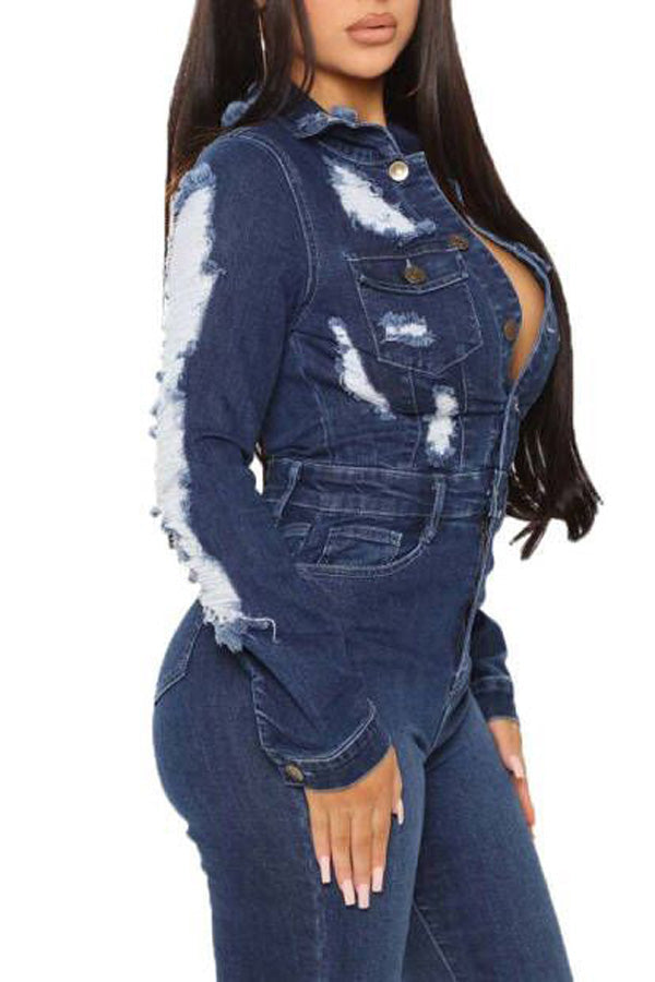 Casual Button Long Sleeve Denim Ripped Jumpsuit