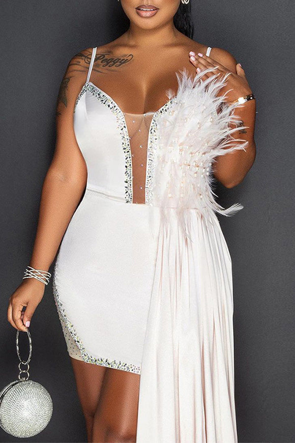 Suspenders Hips Feather Trailing Dress
