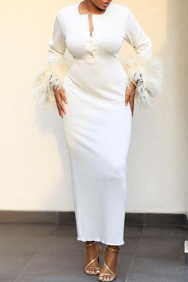 Elegant Slim Deep V Neck Feather Long Sleeve Maxi Dress