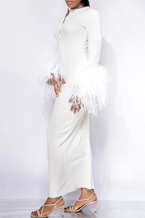 Elegant Slim Deep V Neck Feather Long Sleeve Maxi Dress