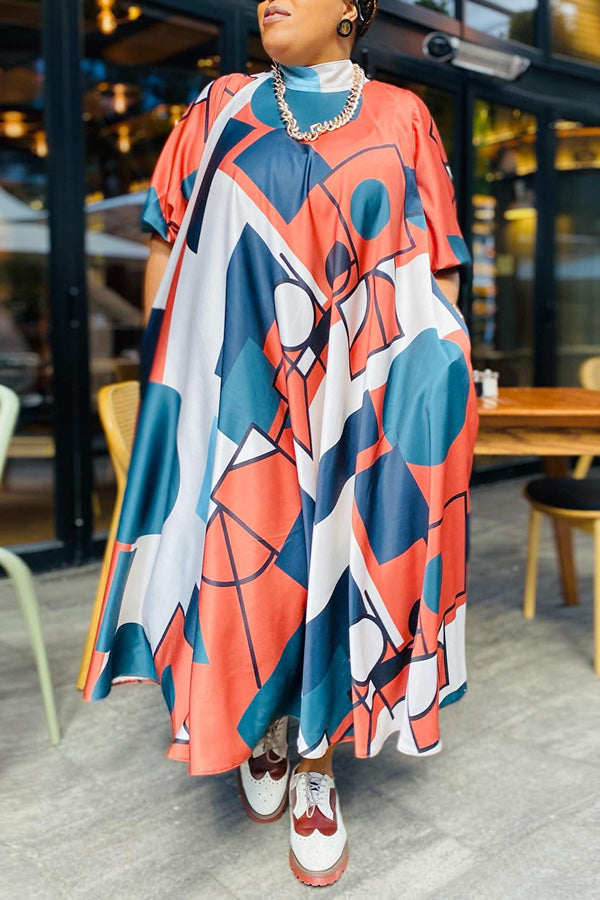 Casual Half Turtleneck Short Sleeve Plus Size Printed Midi Dress