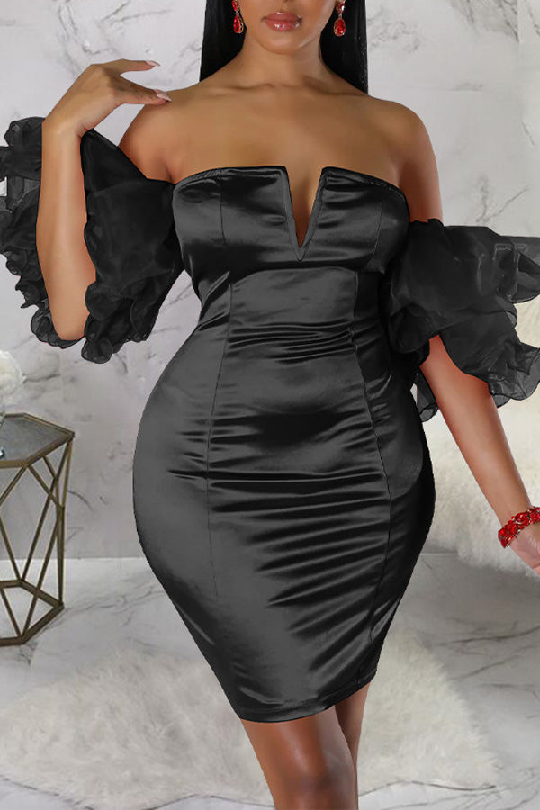 Off-Shoulder Petal Sleeve V-Neck Mini Dress