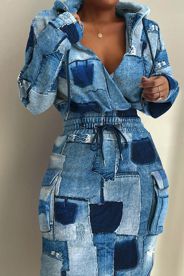 Printed Belt Pocket Midi Dress