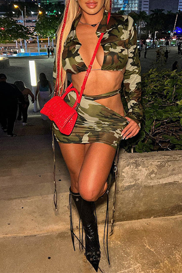 Backless Lapel Long Sleeve Drawstring Tie Camouflage Skirt Two-Piece Set