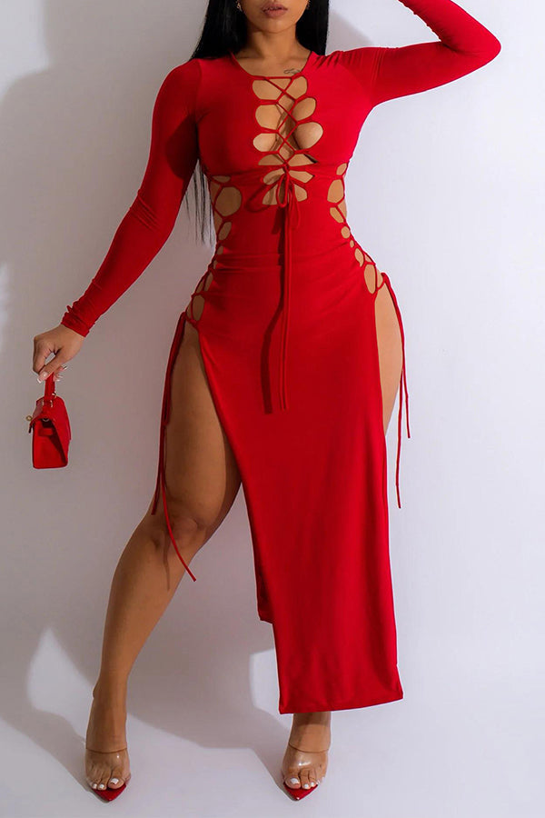 Solid Color Rope Slit Long Sleeve Maxi Dress
