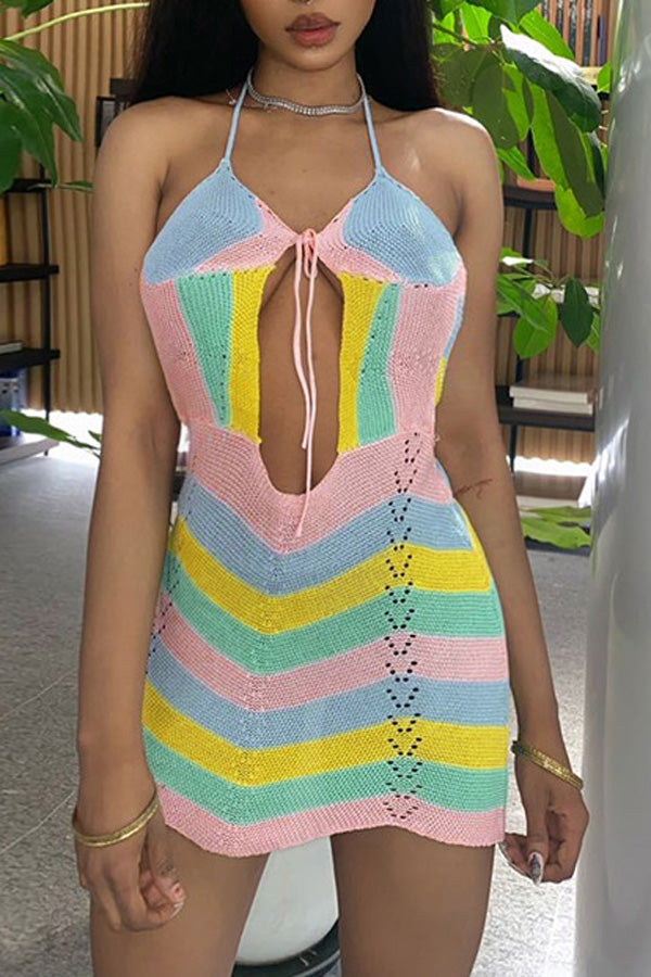Color Stripe Hollow V-Neck Strap Mini Dress