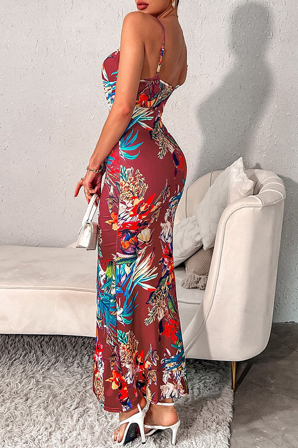 Printed Slim-Fit V-Neck Sling Maxi Dress