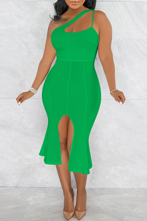 Solid Color Diagonal Collar Asymmetric Sling Sleeveless Irregular Slit Midi Dress