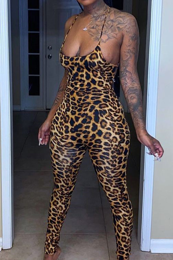 Stylish Leopard Print Lace-up Backless Jumpsuit