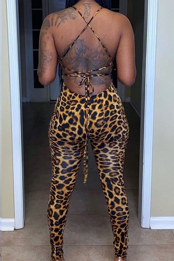 Stylish Leopard Print Lace-up Backless Jumpsuit