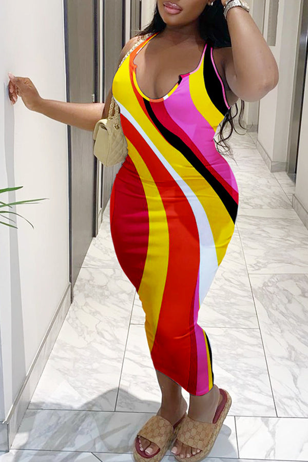 Geometric Colorblock Print Sleeveless Crewneck Long Dress
