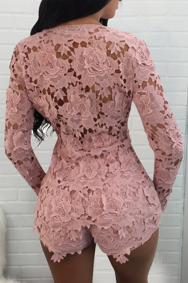 Sexy Lace Long Sleeve Shirt Slim Shorts Two Piece Set