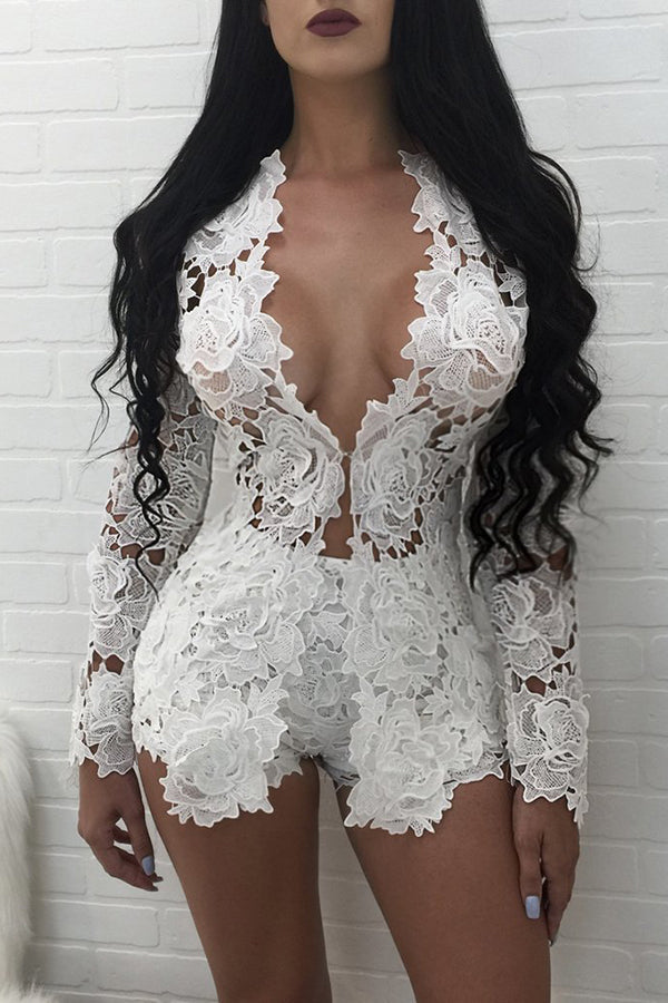 Sexy Lace Long Sleeve Shirt Slim Shorts Two Piece Set