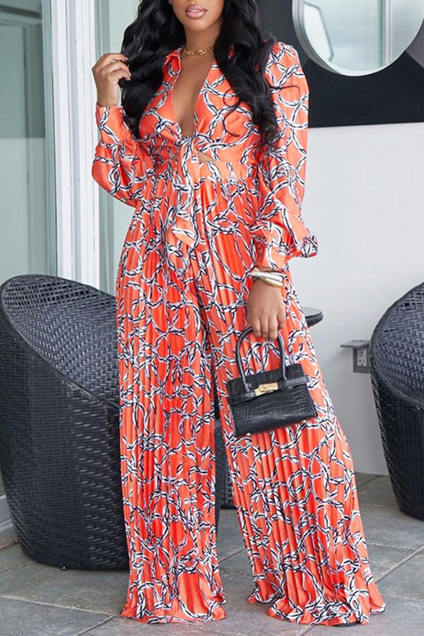 Casual Floral Pleated Wide-Leg Pant Set