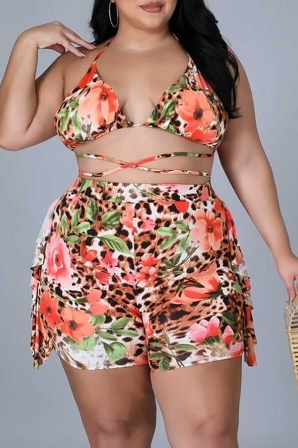 Fashion Print Beach Ruffle Shorts Lace-Up Two-Piece Bikini