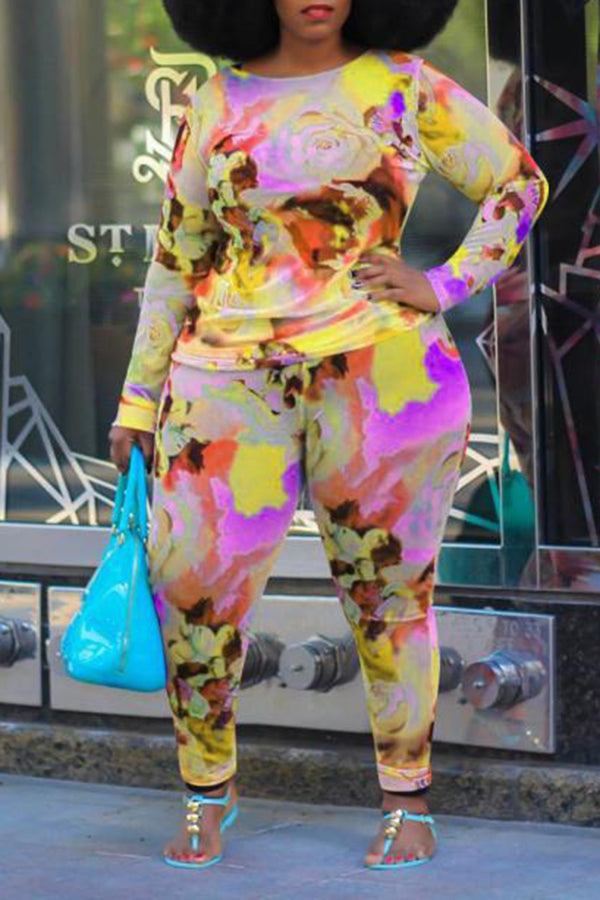Multicolor Printed Long Sleeve Plus Size Two Piece Set