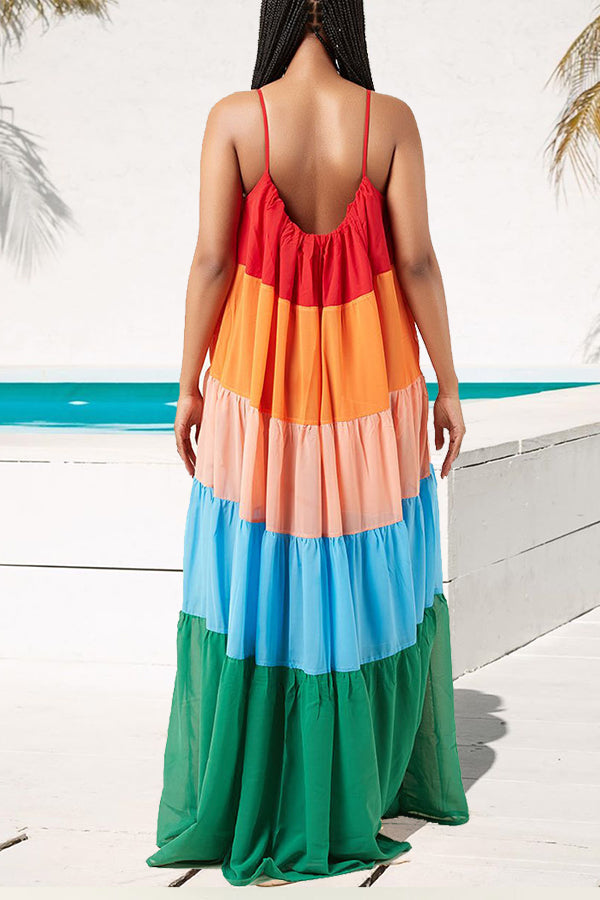 Colorblock Layered Pleated Loose Slip Maxi Dress