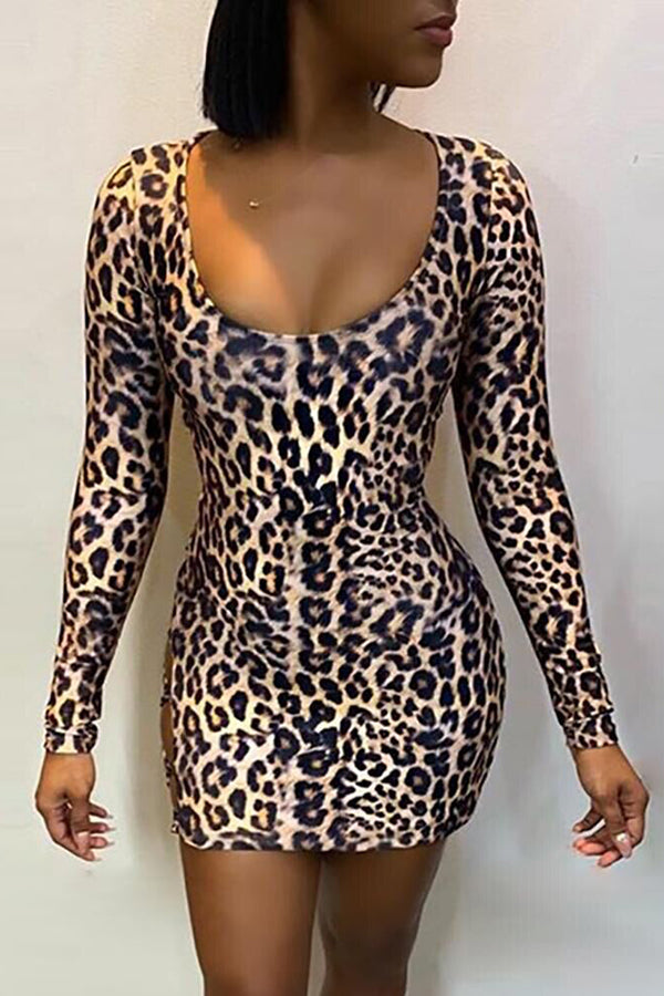 Sexy Leopard Print Backless Lace-Up Cutout Dress