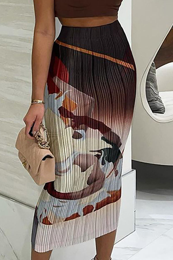 Casual Printed Pleated Slim Fit Elastic Waist Long Skirt