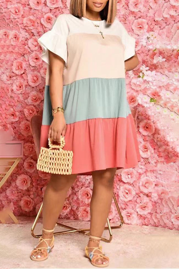 Fashion Ruffle Short Sleeve Colorblock Midi Dress