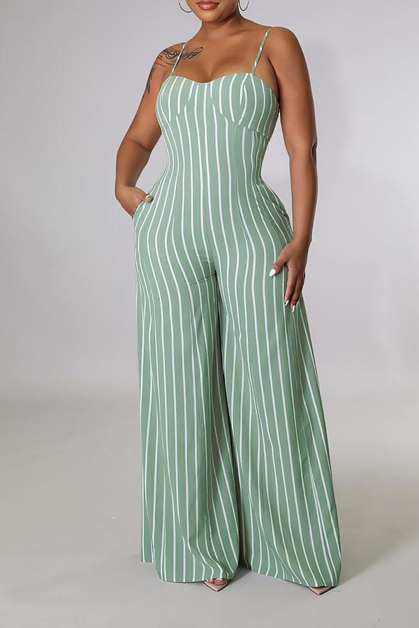Striped Casual Sling Wide-Leg Jumpsuit