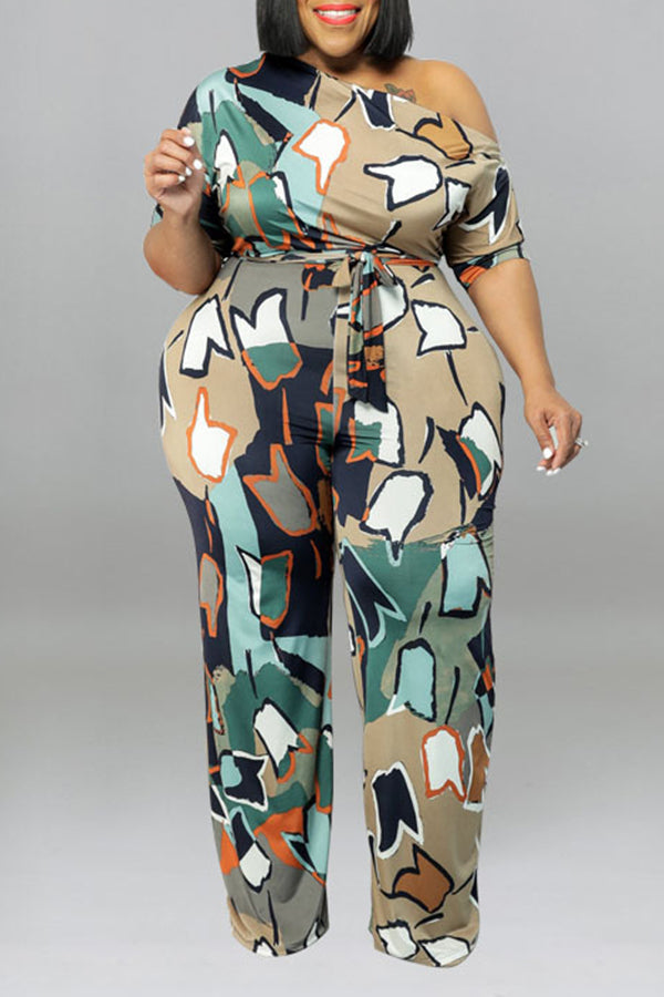 Diagonal Neck Short Sleeve Belted Abstract Print Plus Size Jumpsuit