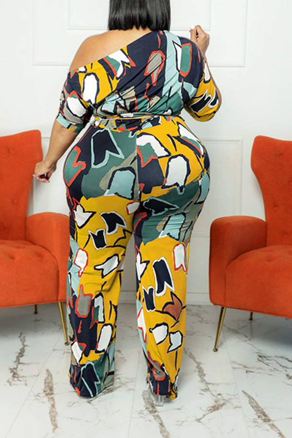 Diagonal Neck Short Sleeve Belted Abstract Print Plus Size Jumpsuit