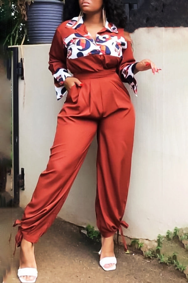 Plus Size Printed Casual High Waist Jumpsuit