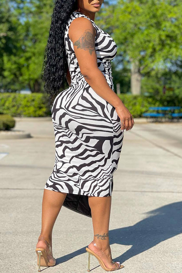 Fashion Commuter Zebra Print Slim Fit Sleeveless Midi Dress
