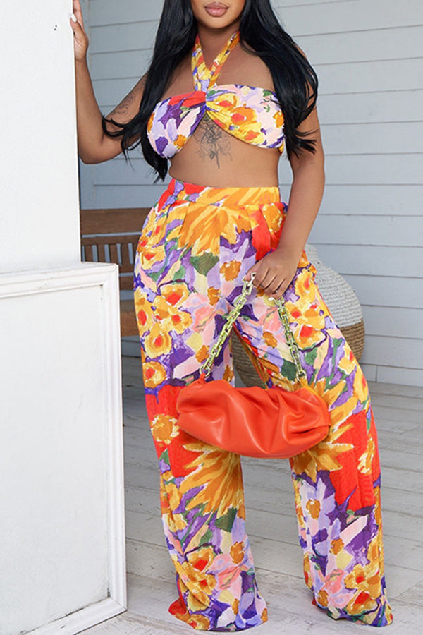 Fashion Print Halter Knot Wrap Chest Casual Trousers Two-Piece Set