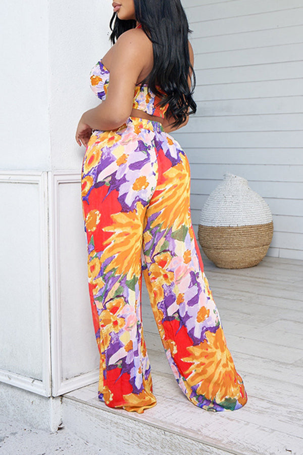 Fashion Print Halter Knot Wrap Chest Casual Trousers Two-Piece Set