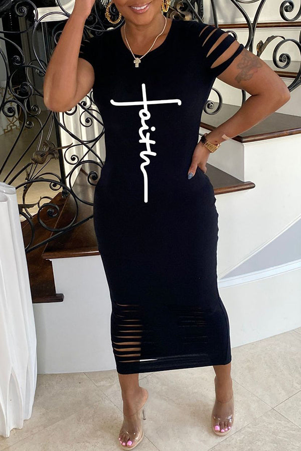 Cross Faith Print Stretch Fit Bandage Short Sleeve Dress