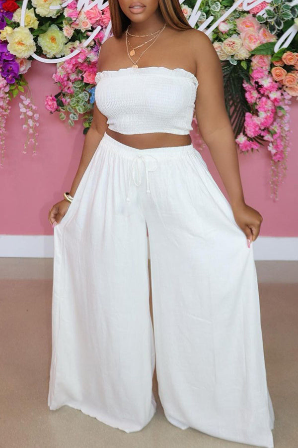 Solid Ruffled Edge Wrap Chest Wide Leg Pants Two-Piece Set