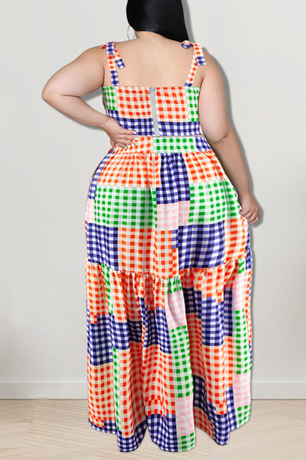 Check Patch Print Camisole Swing Pleated Skirt Plus Size Two-Piece Set