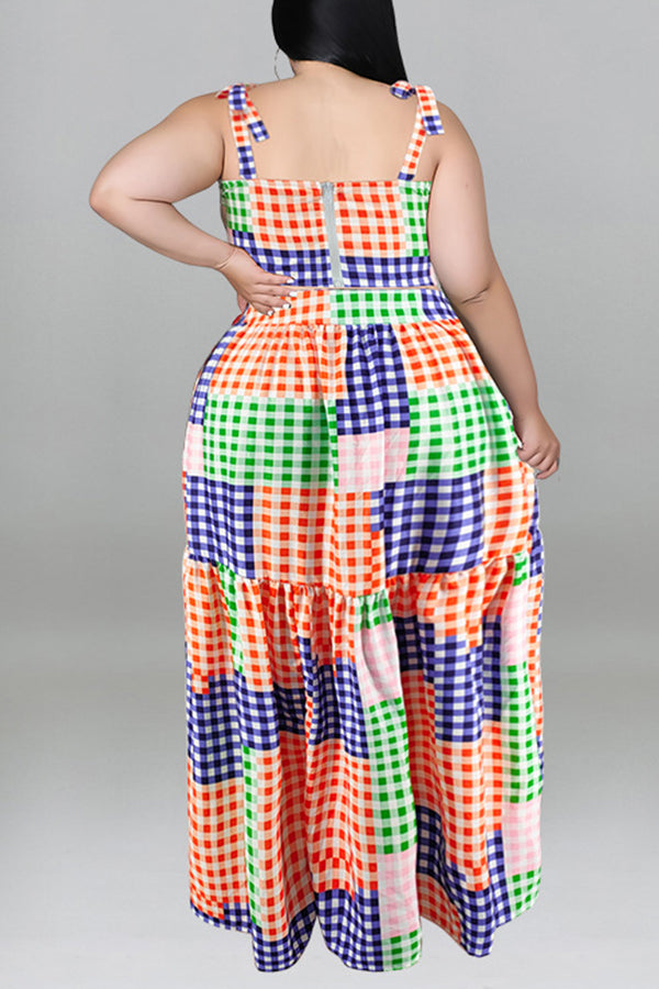 Check Patch Print Camisole Swing Pleated Skirt Plus Size Two-Piece Set