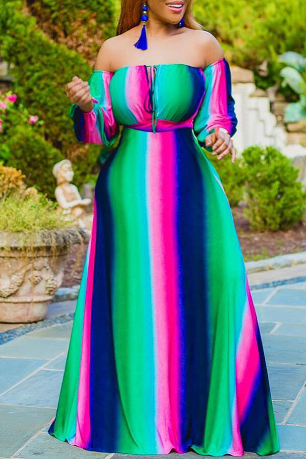 Contrasting Color Stripe Print Off-the-Shoulder High Waist Swing Dress