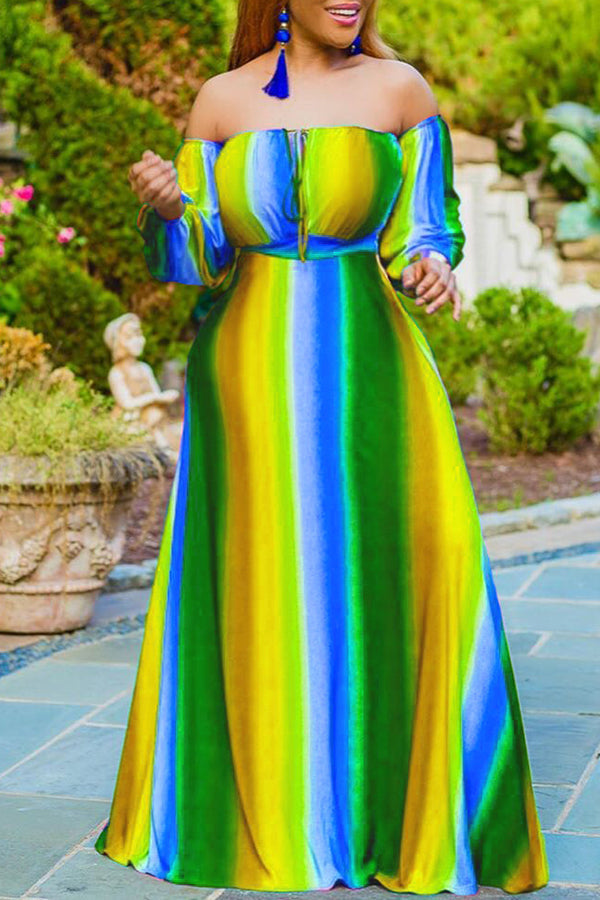 Contrasting Color Stripe Print Off-the-Shoulder High Waist Swing Dress