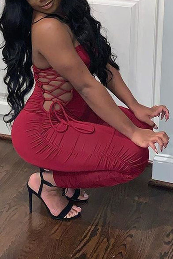Sleek Casual Wrap Pleated Lace-Up Jumpsuit
